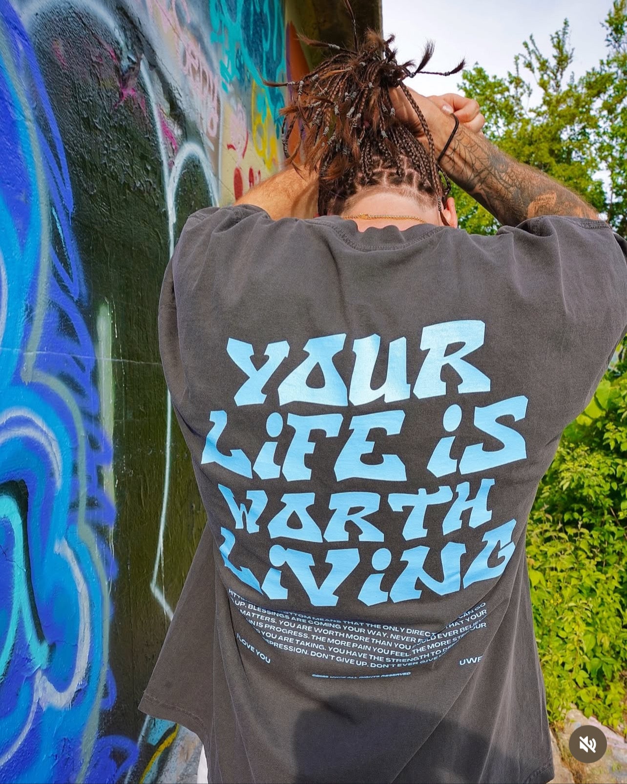 Vintage Black + Powder Blue "YOUR LIFE IS WORTH LIVING" Heavy Weight T-Shirt