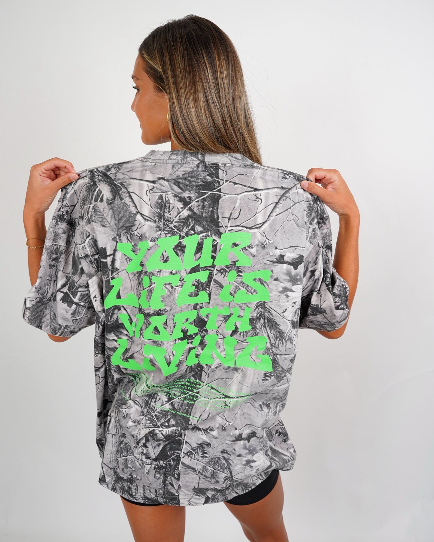 Green + B&W Camo "Your Life is Worth Living" Heavy Weight T-Shirt