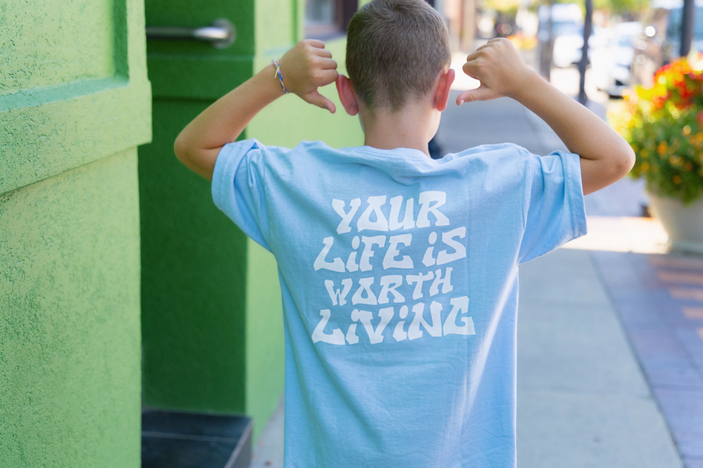 Blue + White "Your Life is Worth Living" YOUTH T-Shirt!
