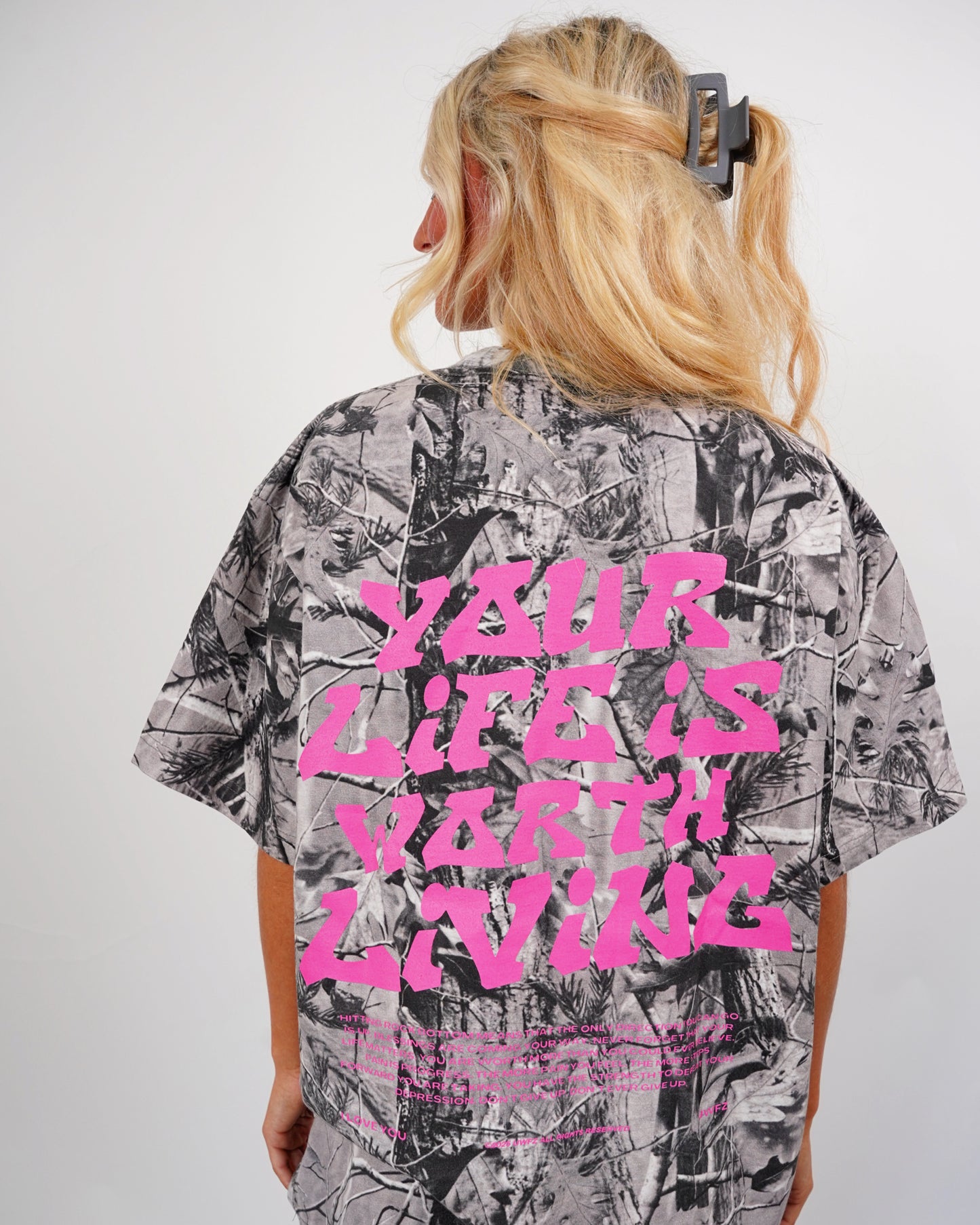 Pink + B&W Camo "Your Life is Worth Living" Heavy Weight T-Shirt