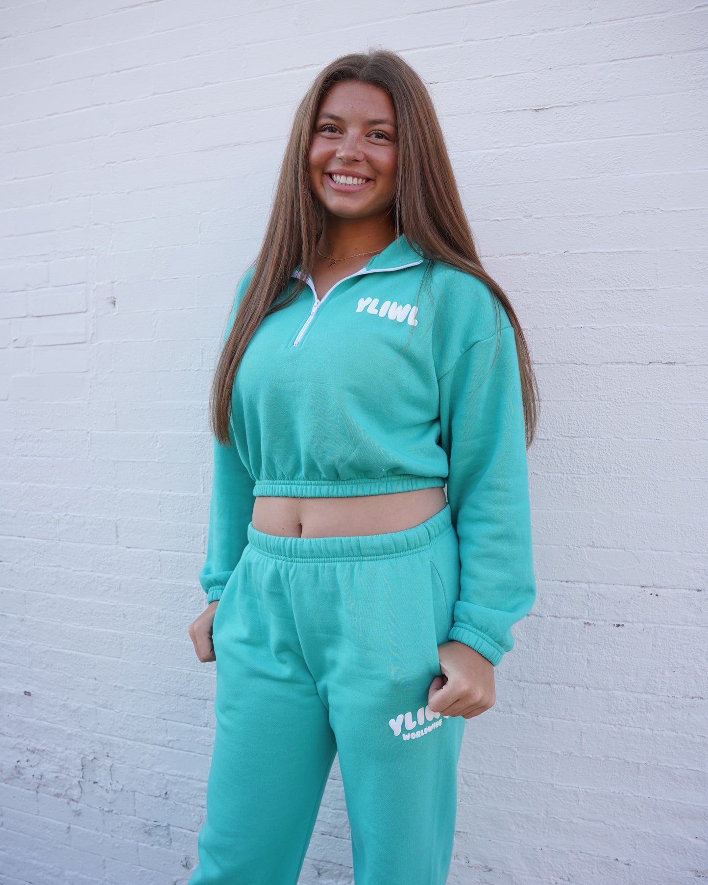 Teal + White PUFF PRINT "YLIWL" Half Zip Cropped Pullover