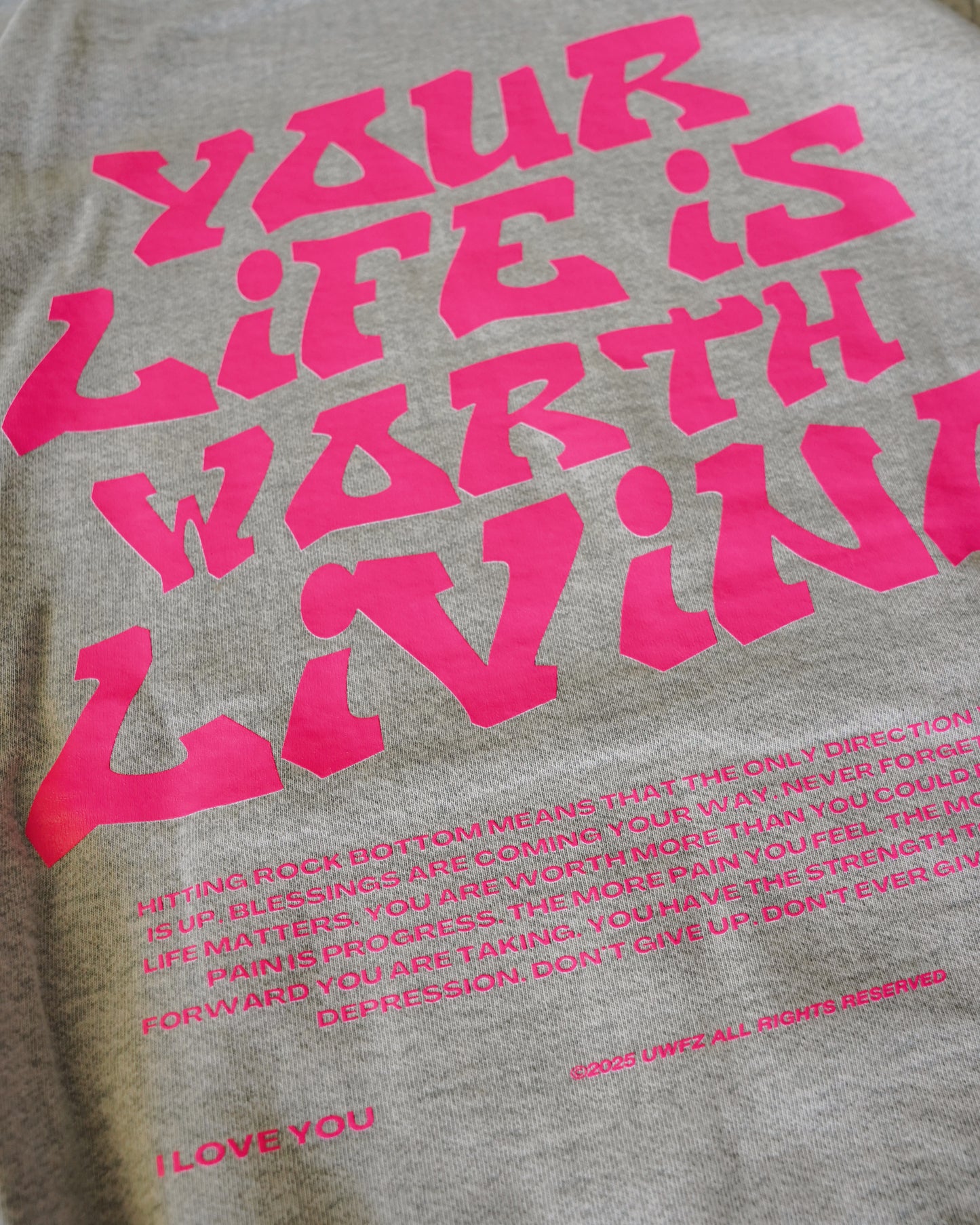 Pink + Limestone Heavyweight "YOUR LIFE IS WORTH LIVING" Hoodie (Collectors Edition)