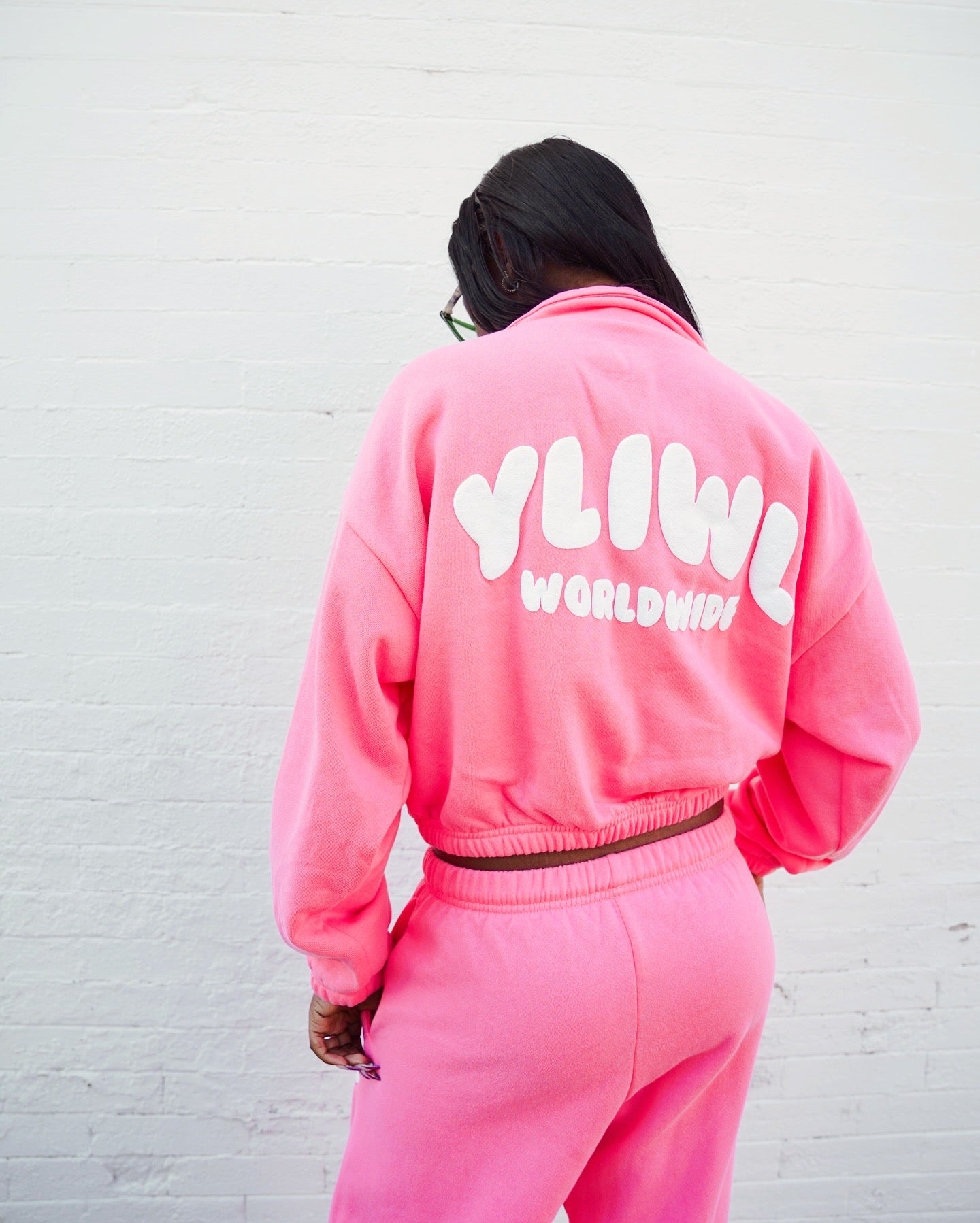 Pink + White PUFF PRINT "YLIWL" Half Zip Cropped Pullover