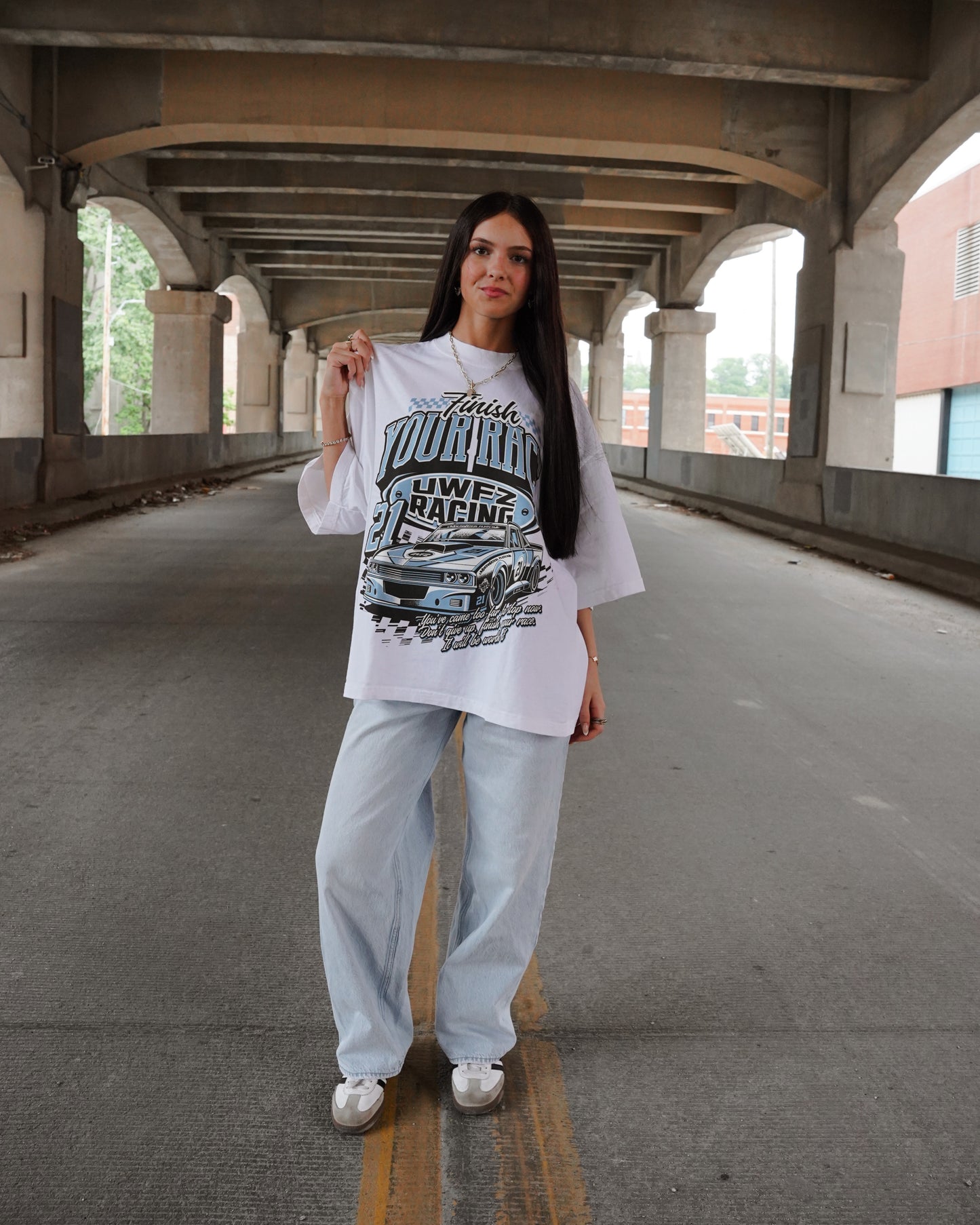 White + Powder Blue "FINISH YOUR RACE" Oversized T-Shirt