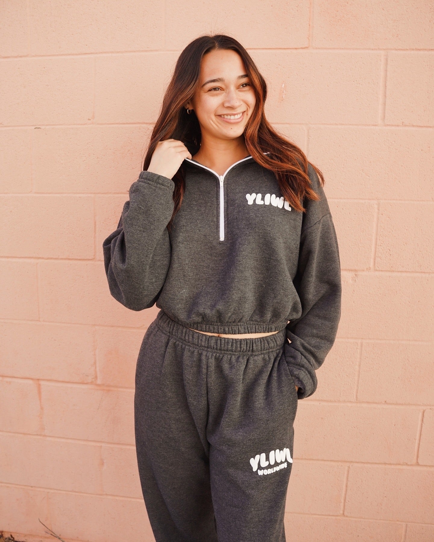 Dark Heather Grey + White PUFF PRINT "YLIWL" Half Zip Cropped Pullover