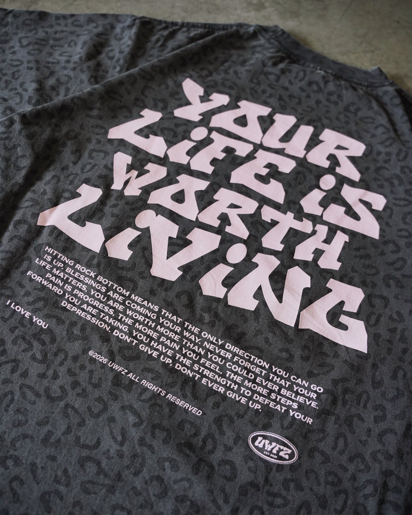 Vintage Black Cheetah + Pastel Pink Print "Your Life is Worth Living" Heavy Weight T-Shirt