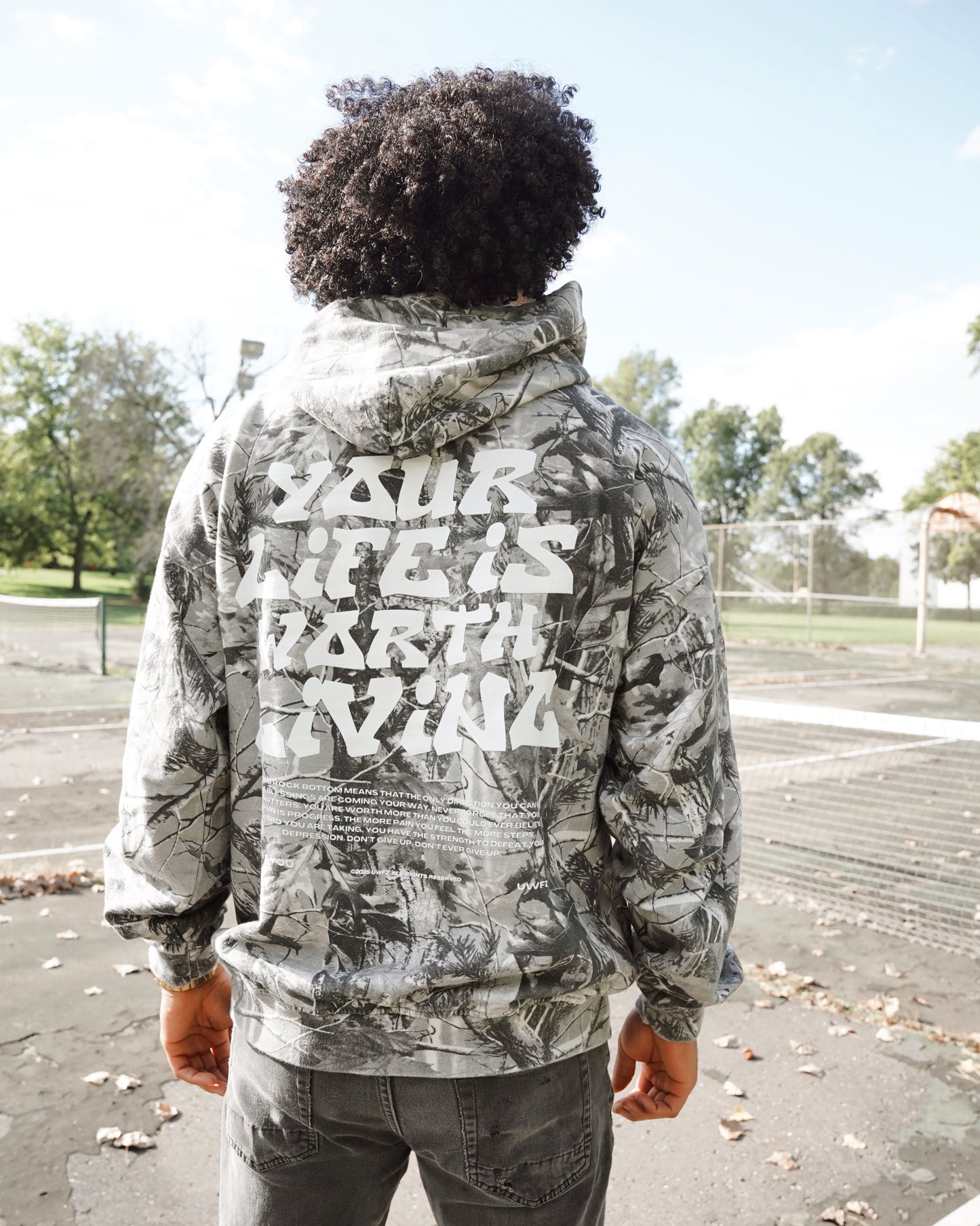 White B&W Camo "YOUR LIFE IS WORTH LIVING" Hoodie (Limited - 100% Cotton)