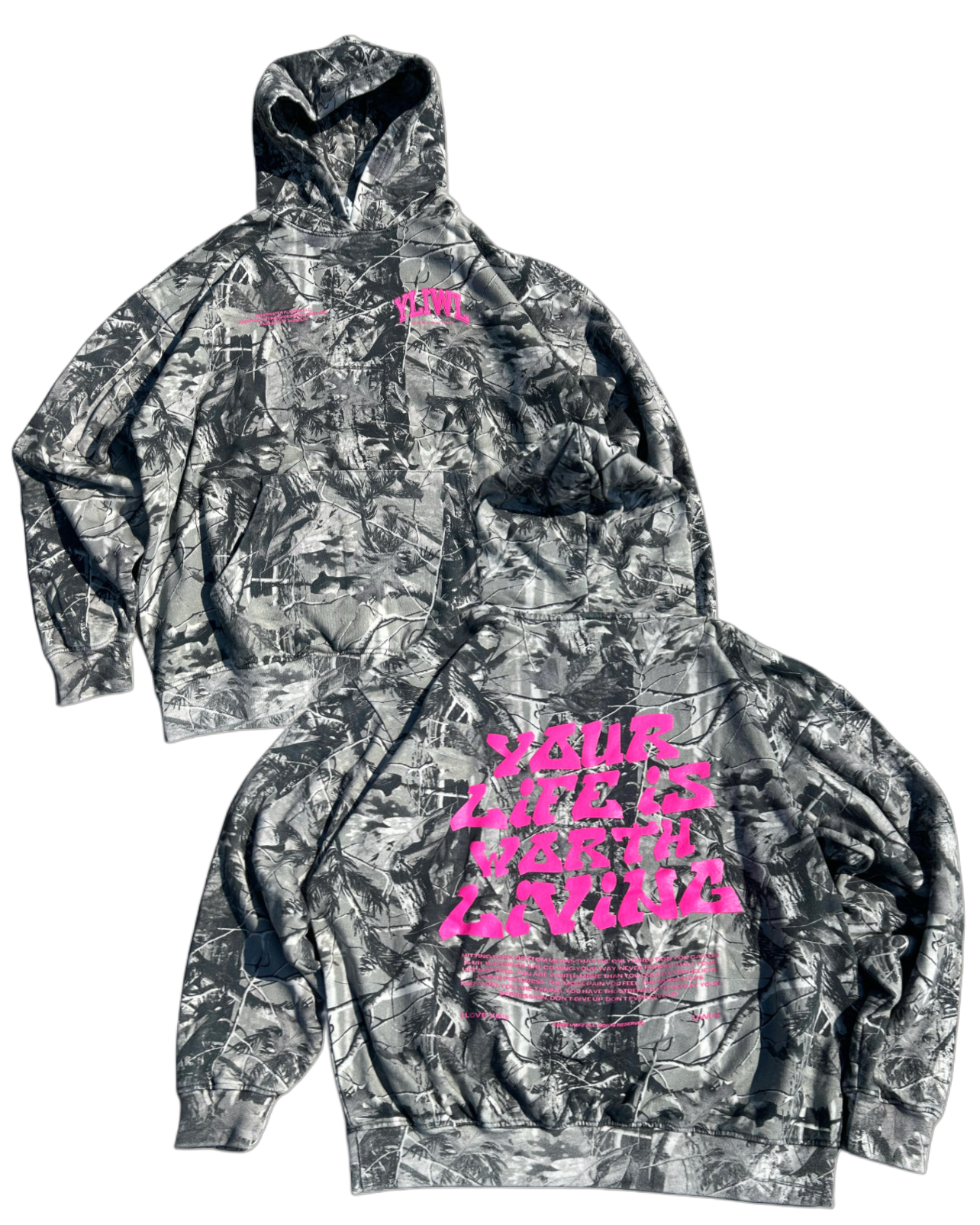 Pink B&W Camo "YOUR LIFE IS WORTH LIVING" Hoodie (Limited - 100% Cotton)