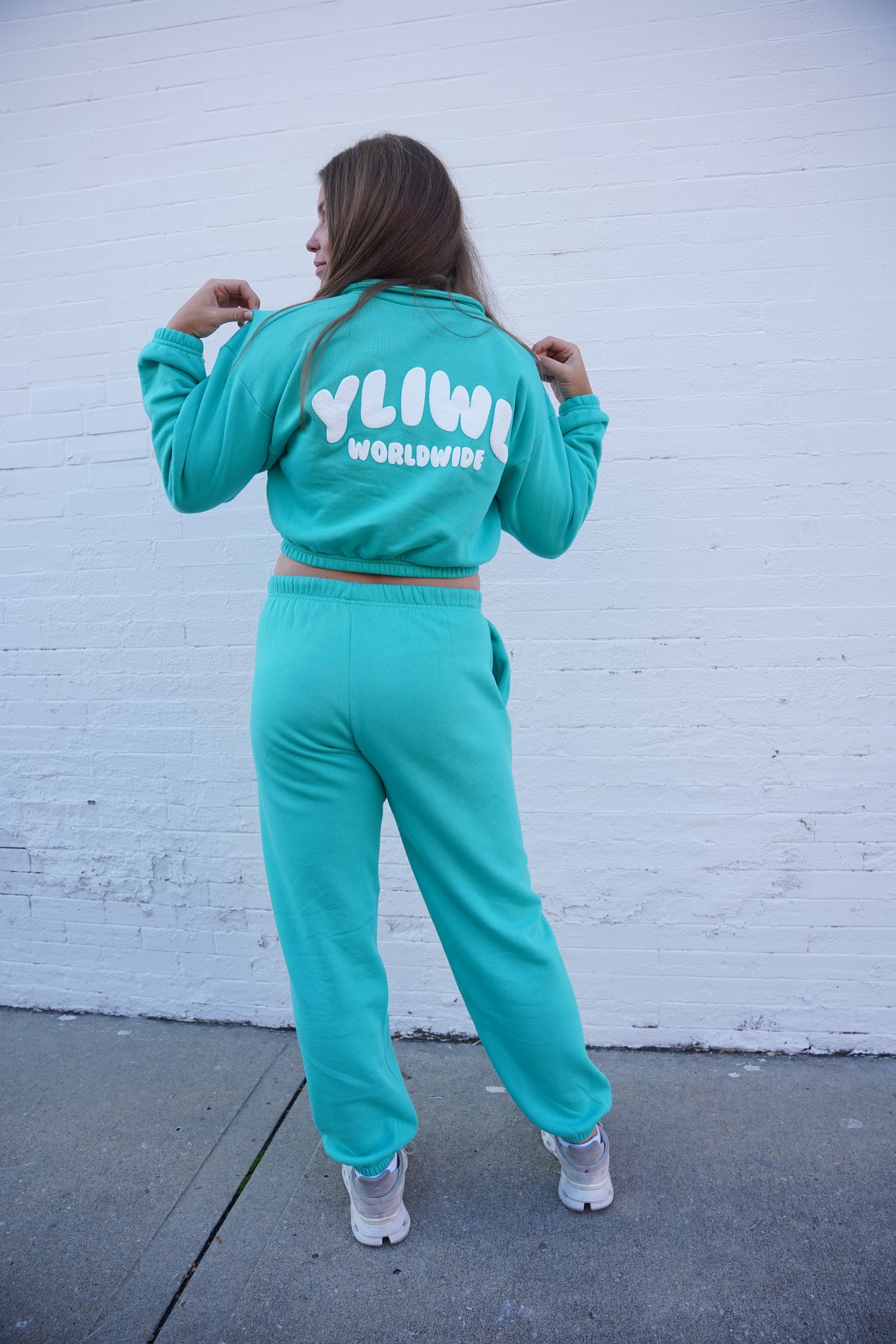Teal + White PUFF PRINT "YLIWL" High Waist Sweatpant