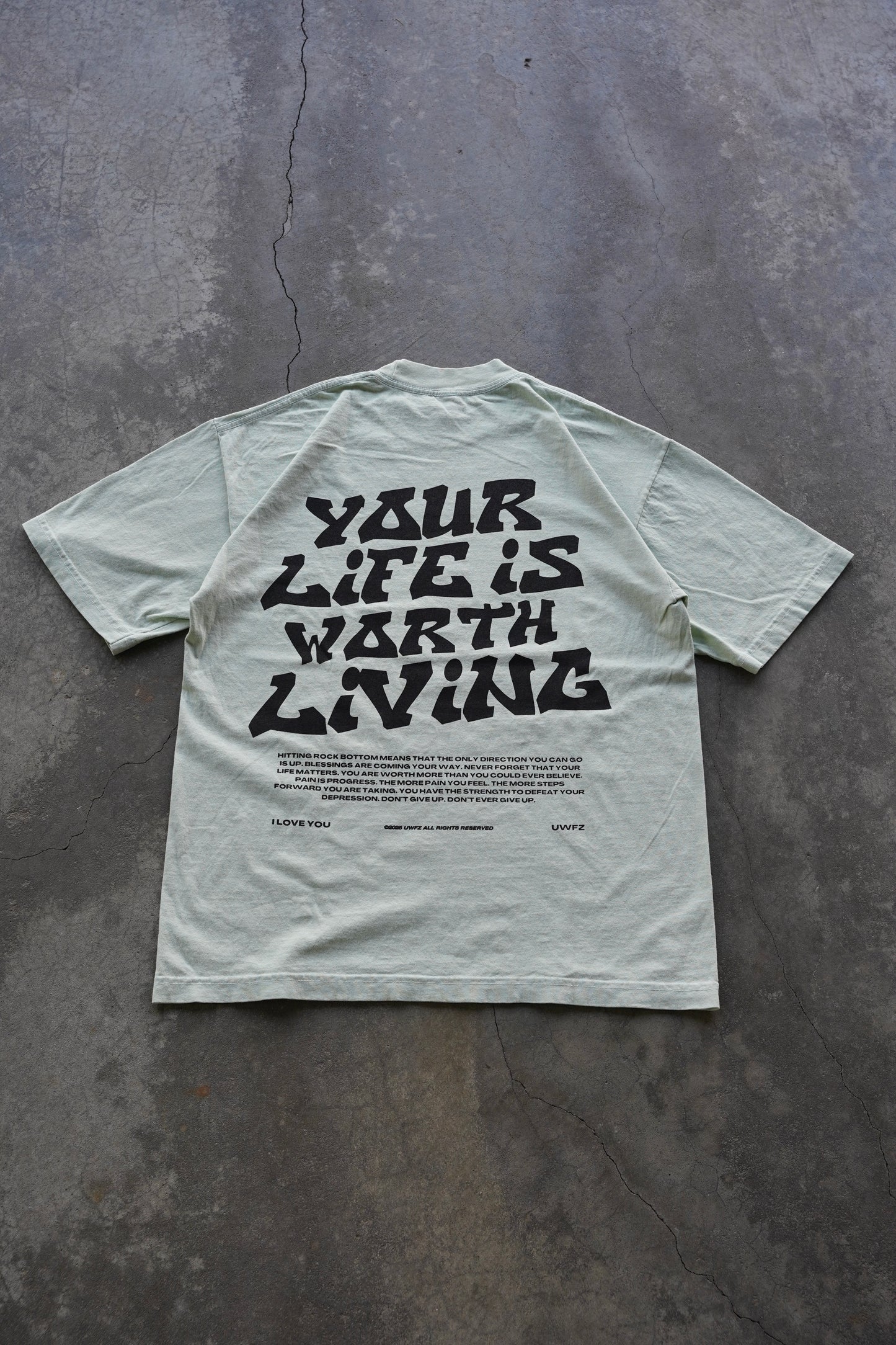 YOUR LIFE IS WORTH LIVING HEAVYWEIGHT TEE - SEAFOAM & BLACK