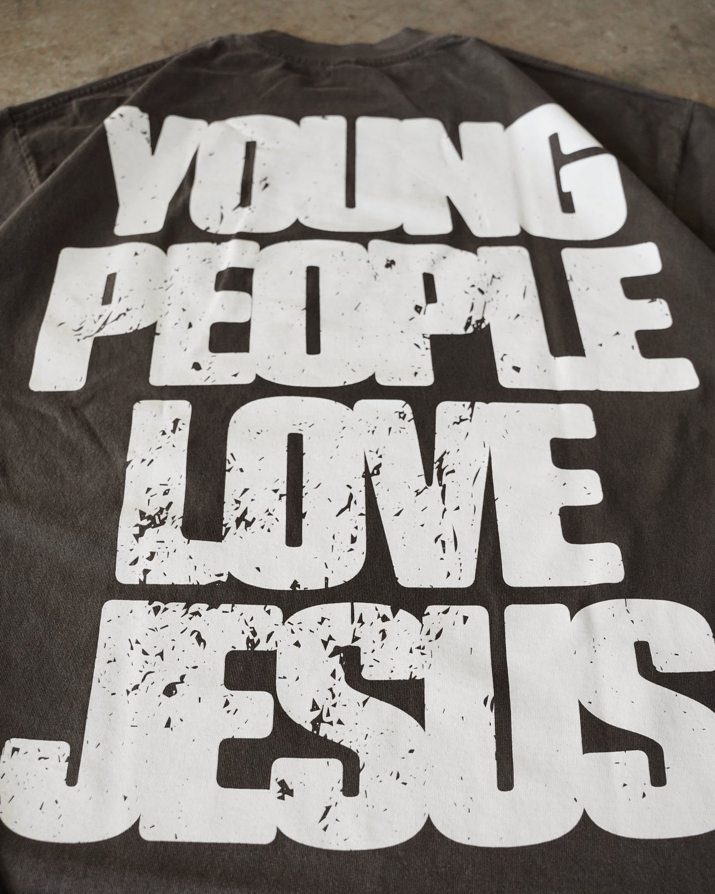 White + Vintage Black "YOUNG PEOPLE LOVE JESUS" Heavyweight T-Shirt