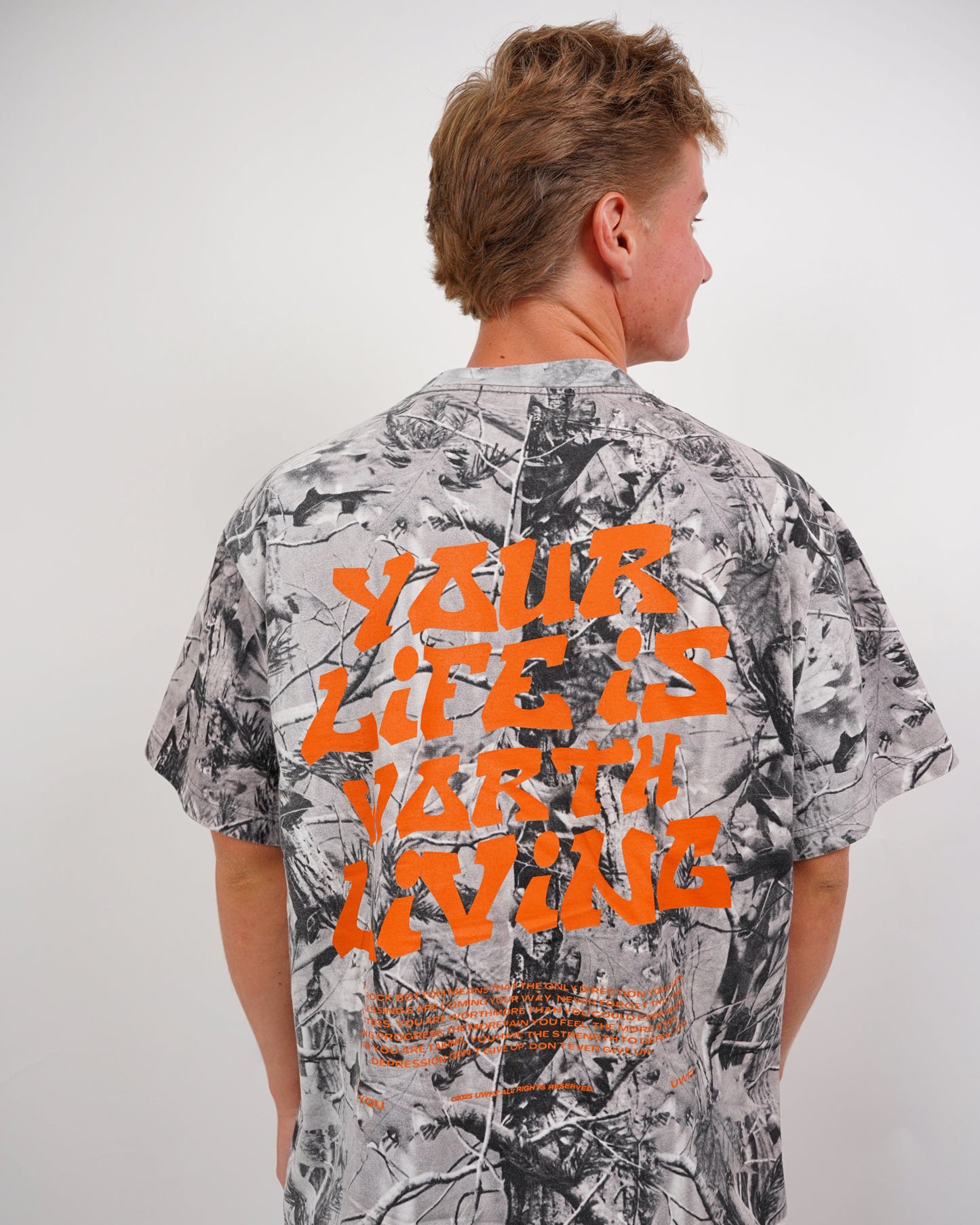 Orange + B&W Camo "Your Life is Worth Living" Heavy Weight T-Shirt