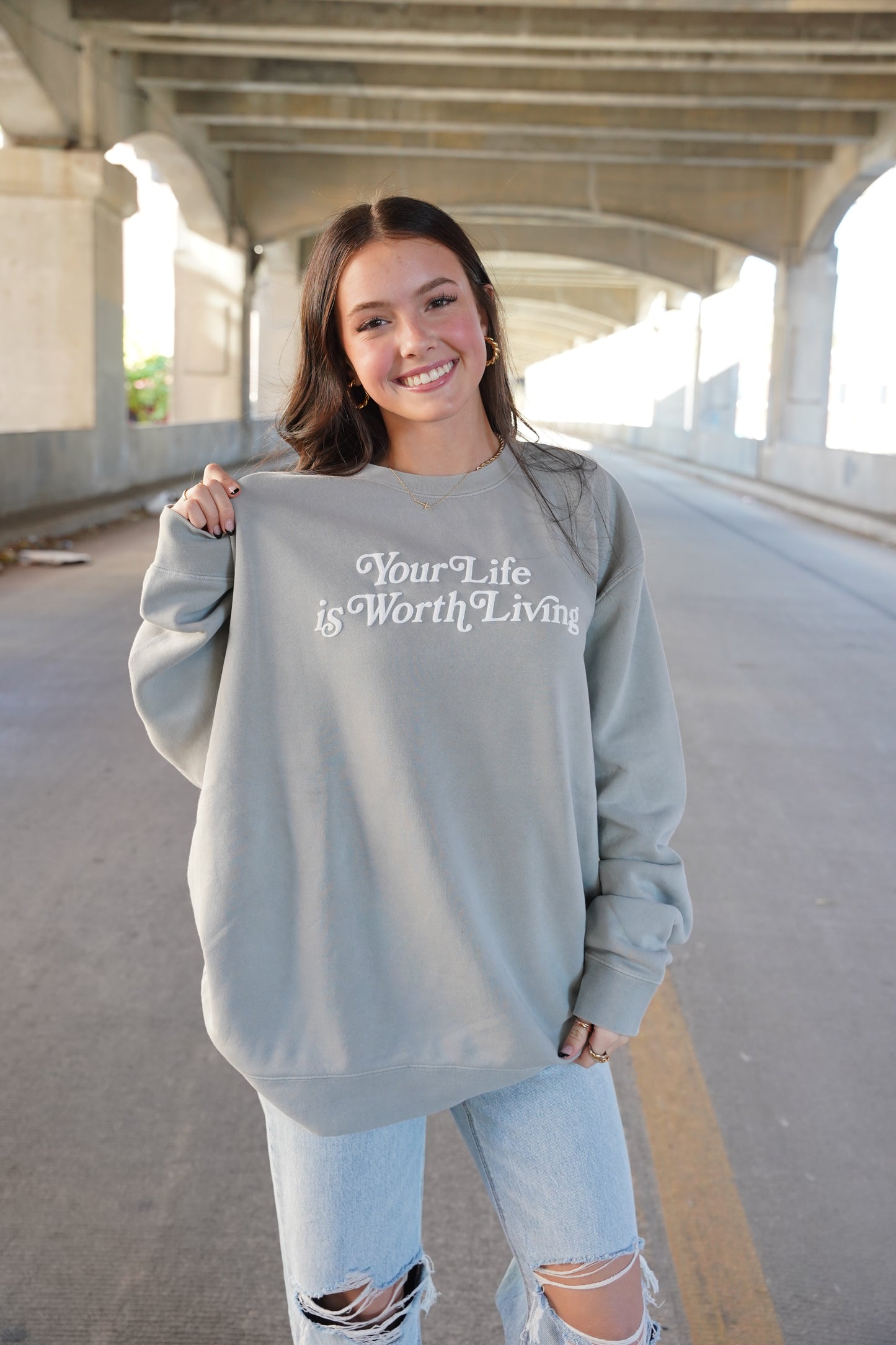 YOUR LIFE IS WORTH LIVING CREWNECK - Sage
