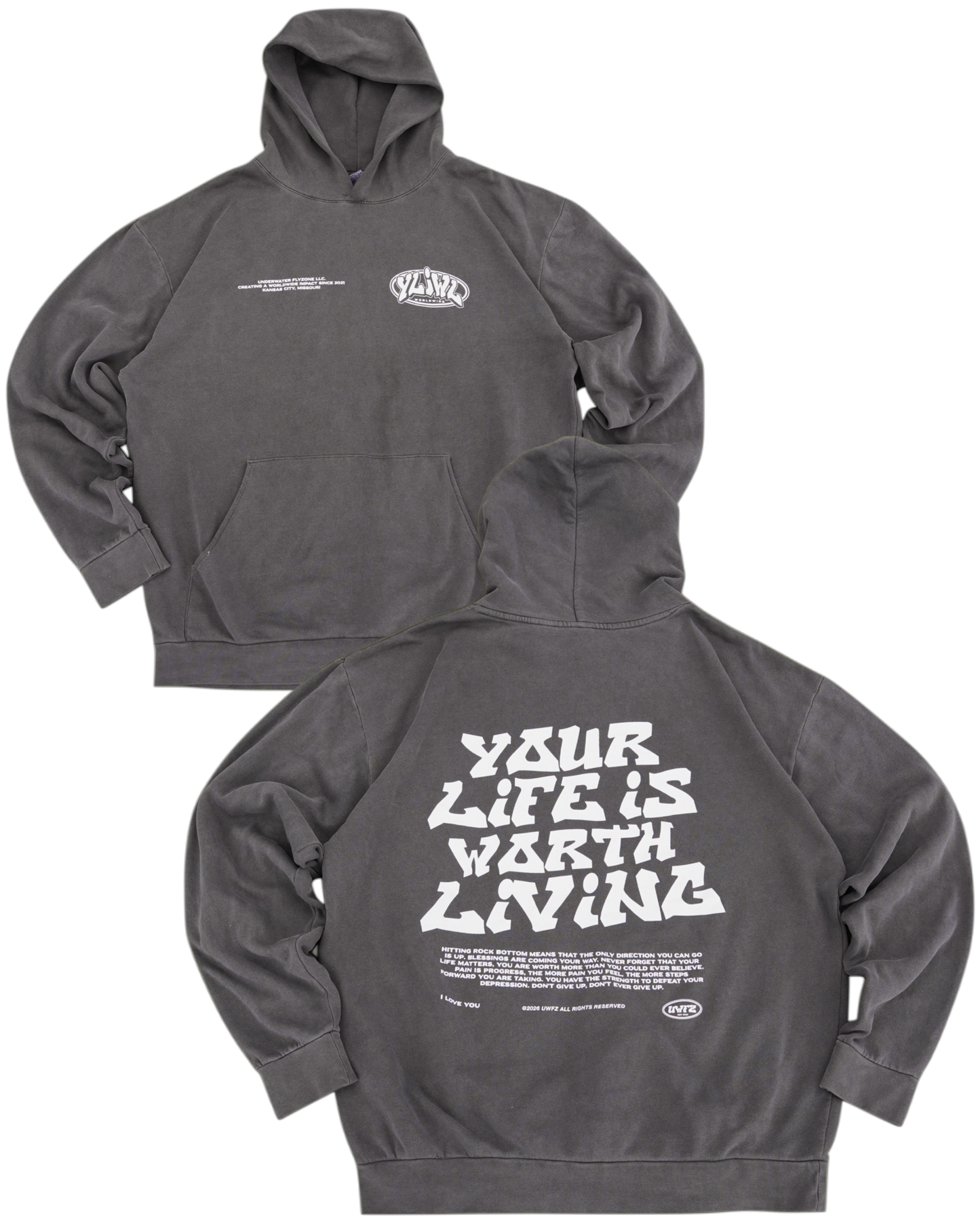 Vintage Black "YOUR LIFE IS WORTH LIVING" Hoodie (Mid-Light Weight Hoodie)