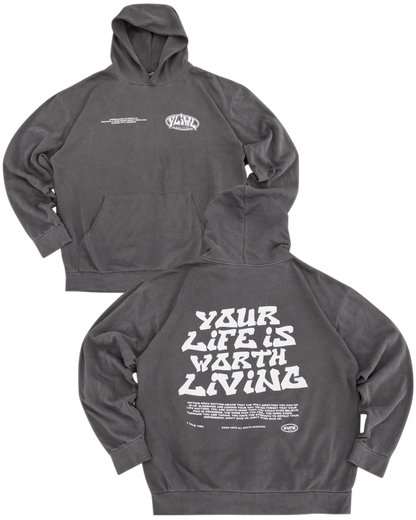 Vintage Black "YOUR LIFE IS WORTH LIVING" Hoodie (Mid-Light Weight Hoodie)