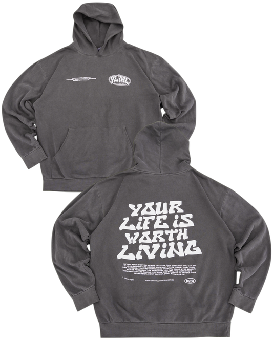 Vintage Black "YOUR LIFE IS WORTH LIVING" Hoodie (Mid-Light Weight Hoodie)