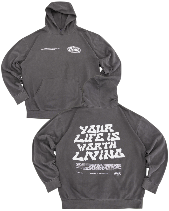 Vintage Black "YOUR LIFE IS WORTH LIVING" Hoodie (Mid-Light Weight Hoodie)