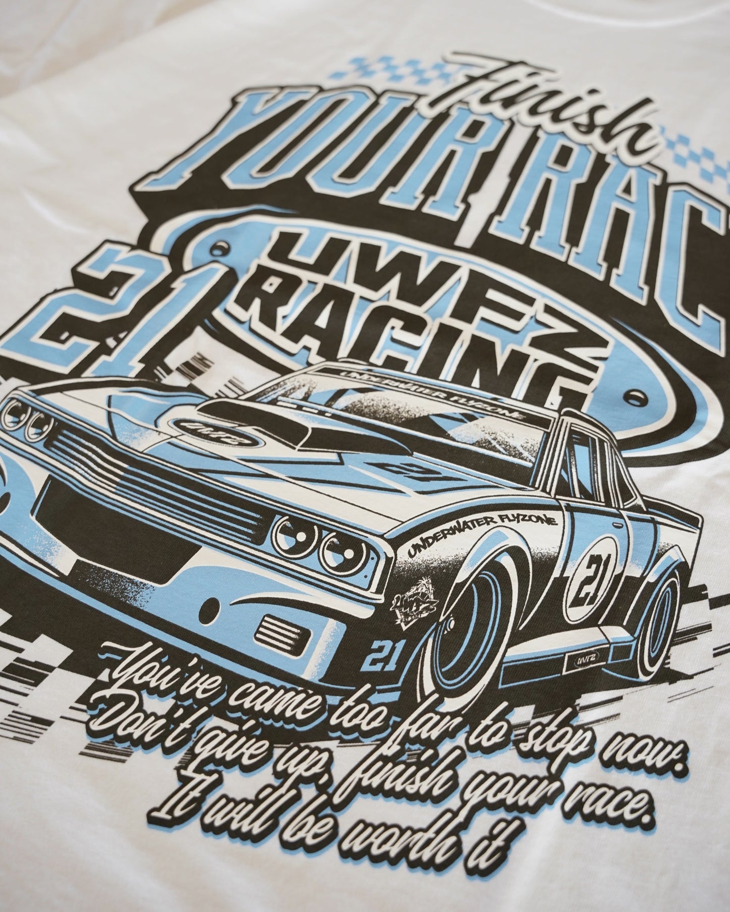 White + Powder Blue "FINISH YOUR RACE" Oversized T-Shirt