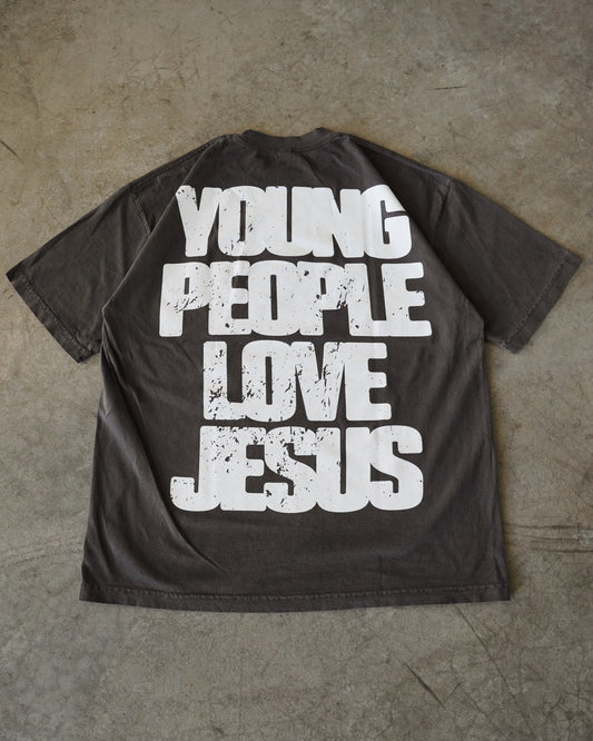 White + Vintage Black "YOUNG PEOPLE LOVE JESUS" Heavyweight T-Shirt