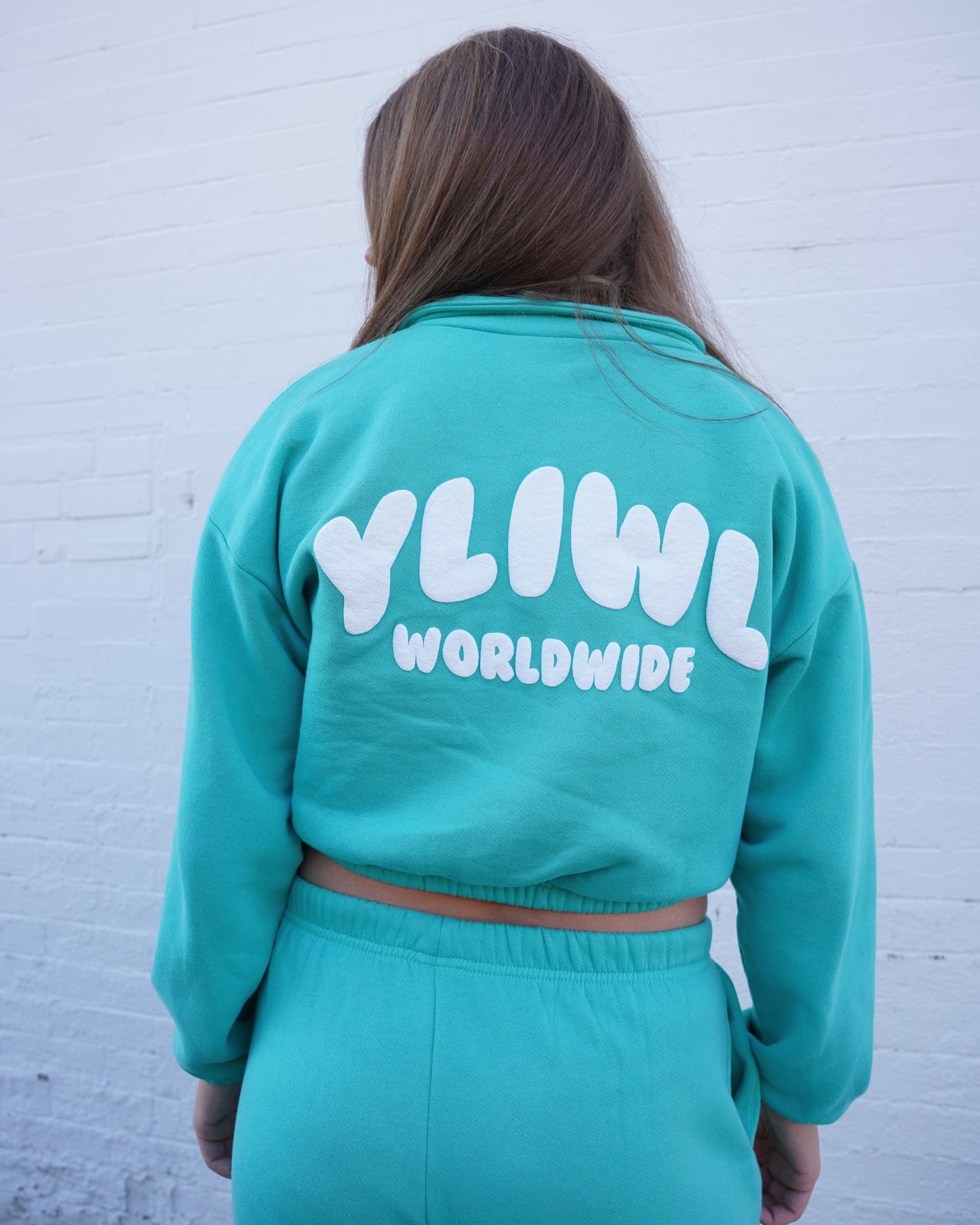 Teal + White PUFF PRINT "YLIWL" Half Zip Cropped Pullover