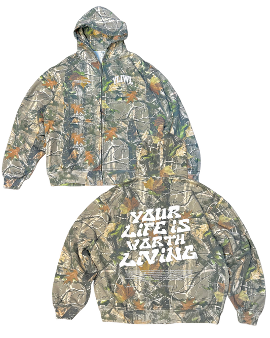 Camo ZIP "YOUR LIFE IS WORTH LIVING" Hoodie (Limited - 100% Cotton)
