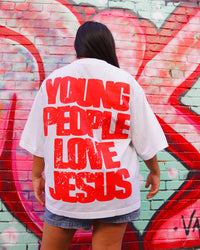 White + Red "YOUNG PEOPLE LOVE JESUS" Oversized Boxy T-Shirt