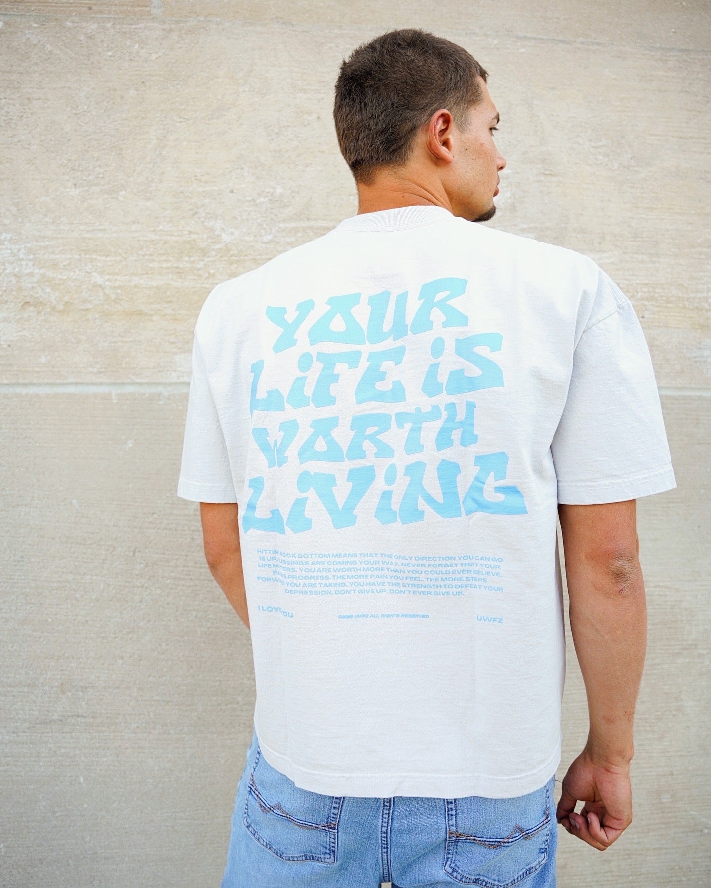Grey + Powder Blue "YOUR LIFE IS WORTH LIVING" Boxy / Crop Cut Heavy Weight T-shirt