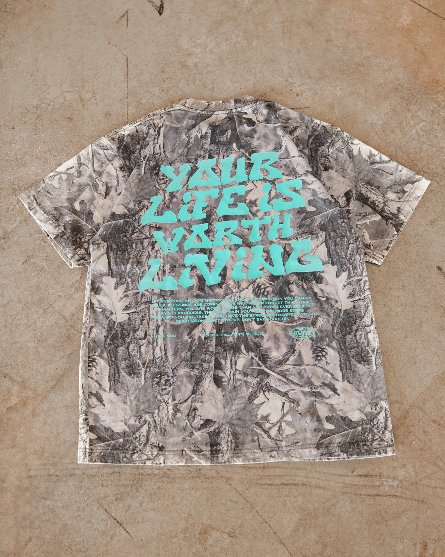 B&W Camo + Teal "Your Life is Worth Living" T-Shirt