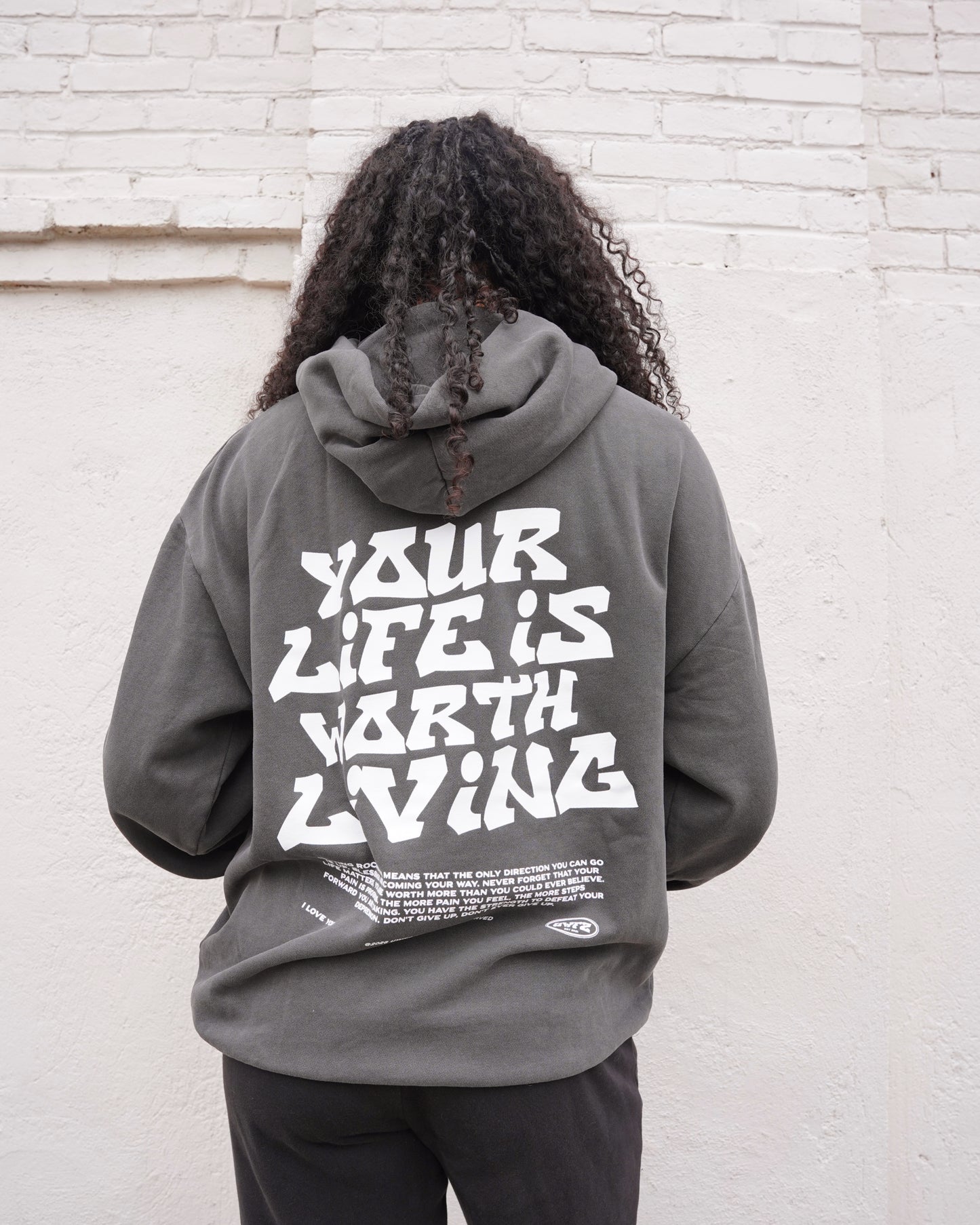 Vintage Black "YOUR LIFE IS WORTH LIVING" Hoodie (Mid-Light Weight Hoodie)