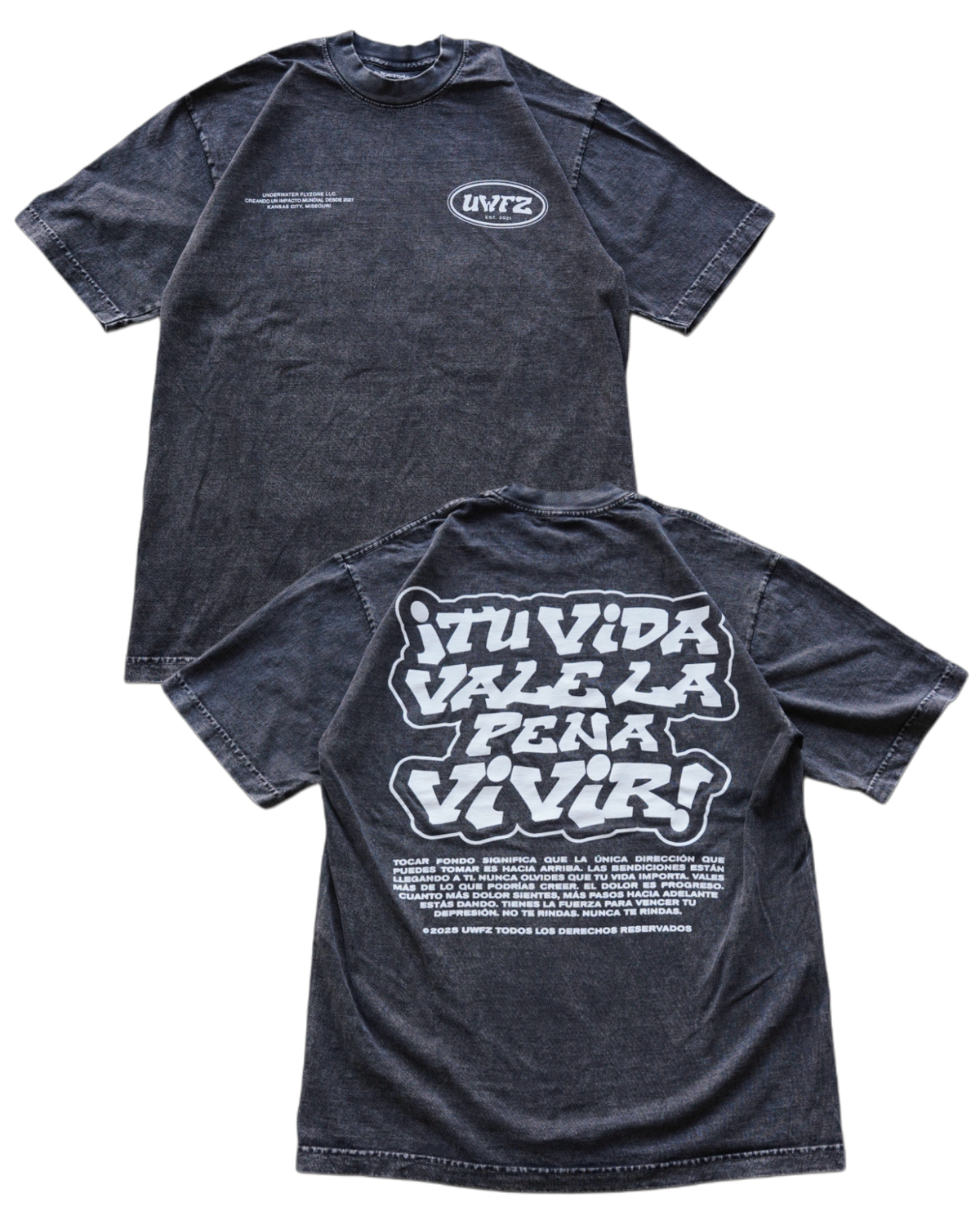 Black Mineral Washed "TU VIDA VALE LA PENA VIVIR" Heavy Weight T-Shirt