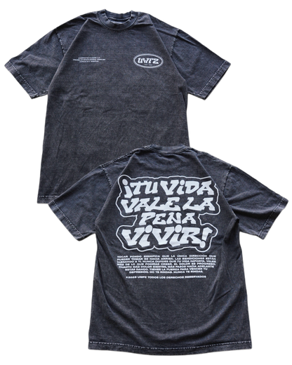 Black Mineral Washed "TU VIDA VALE LA PENA VIVIR" Heavy Weight T-Shirt