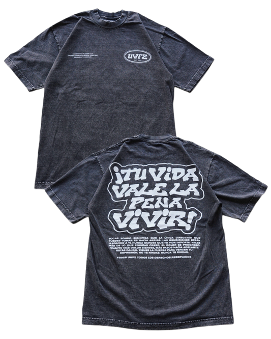 Black Mineral Washed "TU VIDA VALE LA PENA VIVIR" Heavy Weight T-Shirt