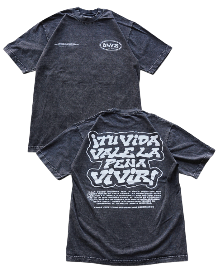 Black Mineral Washed "TU VIDA VALE LA PENA VIVIR" Heavy Weight T-Shirt
