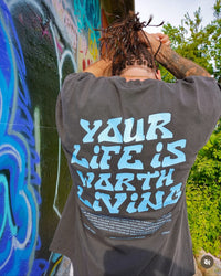 Vintage Black + Powder Blue "YOUR LIFE IS WORTH LIVING" Heavy Weight T-Shirt