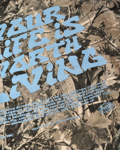 Camo + Powder Blue "YOUR LIFE IS WORTH LIVING" Hoodie (100% Cotton)
