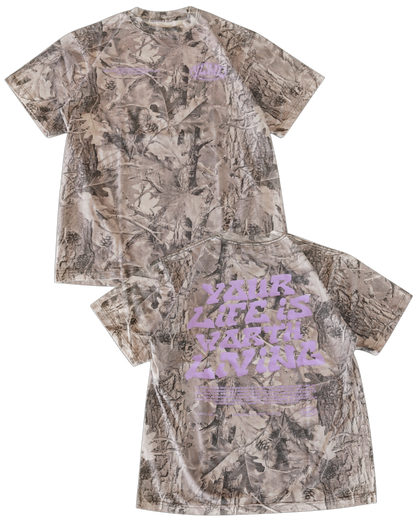 B&W Camo + Lavendar "Your Life is Worth Living" T-Shirt