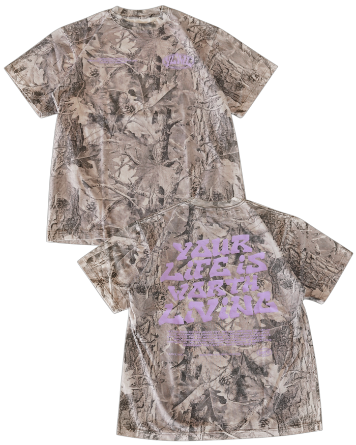 B&W Camo + Lavendar "Your Life is Worth Living" T-Shirt