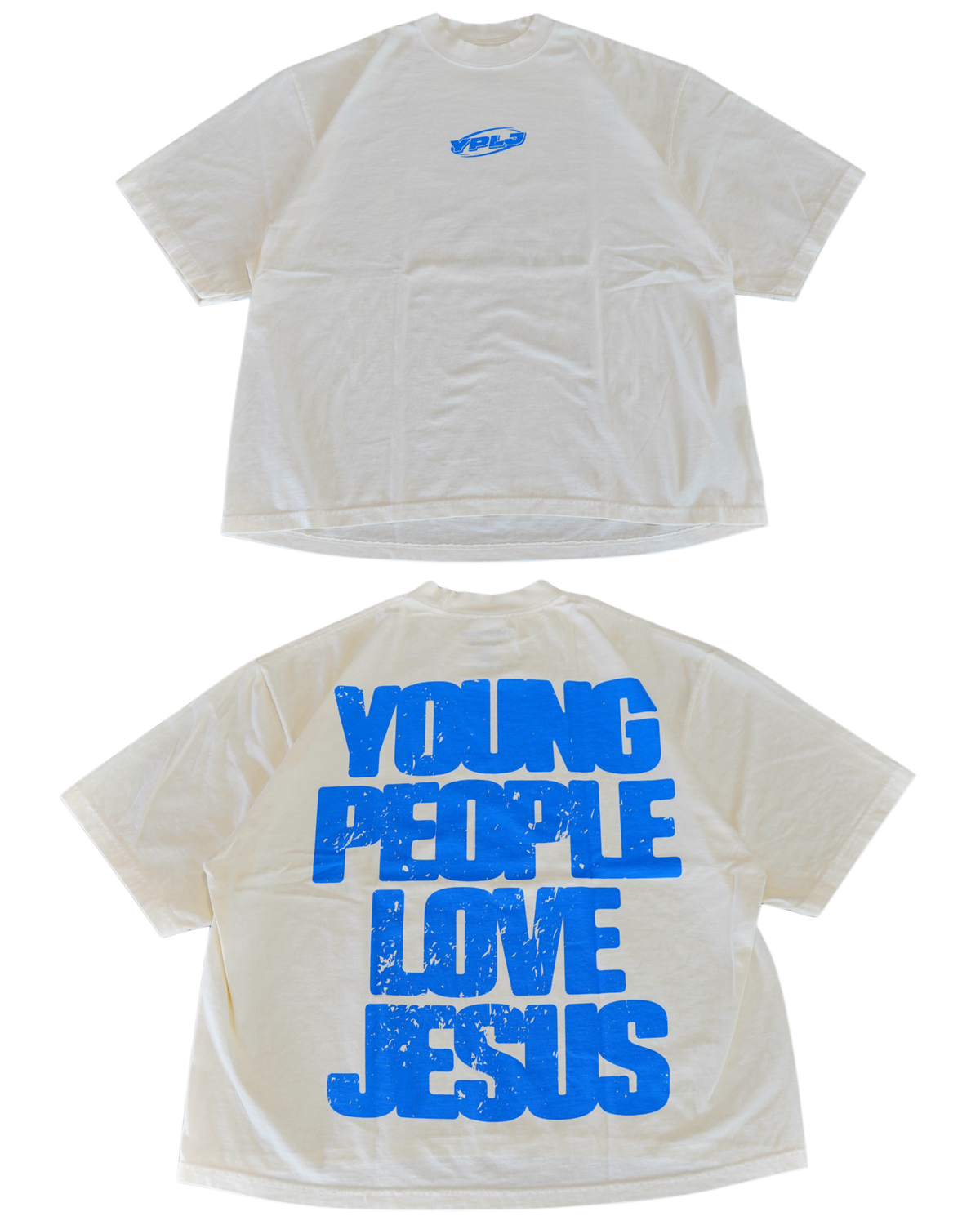 Cream + Blue "YOUNG PEOPLE LOVE JESUS" Oversized T-Shirt