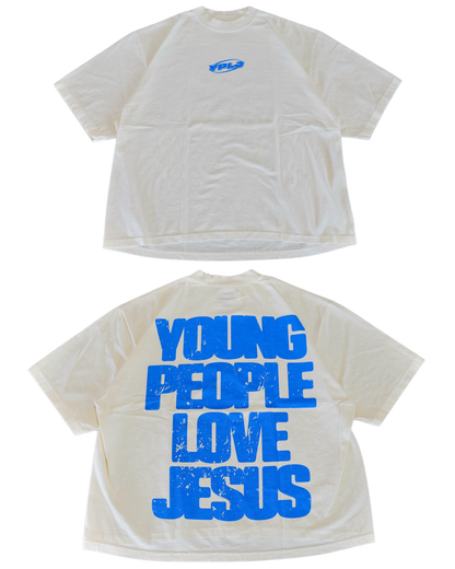 Cream + Blue "YOUNG PEOPLE LOVE JESUS" Oversized T-Shirt