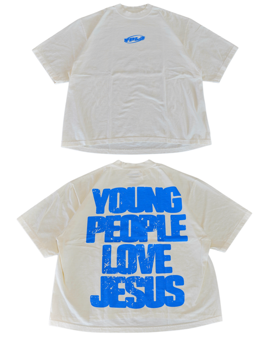 Cream + Blue "YOUNG PEOPLE LOVE JESUS" Oversized T-Shirt