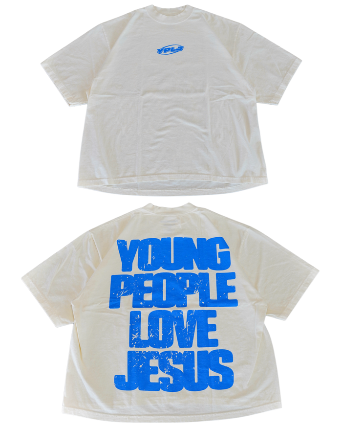 Cream + Blue "YOUNG PEOPLE LOVE JESUS" Oversized T-Shirt