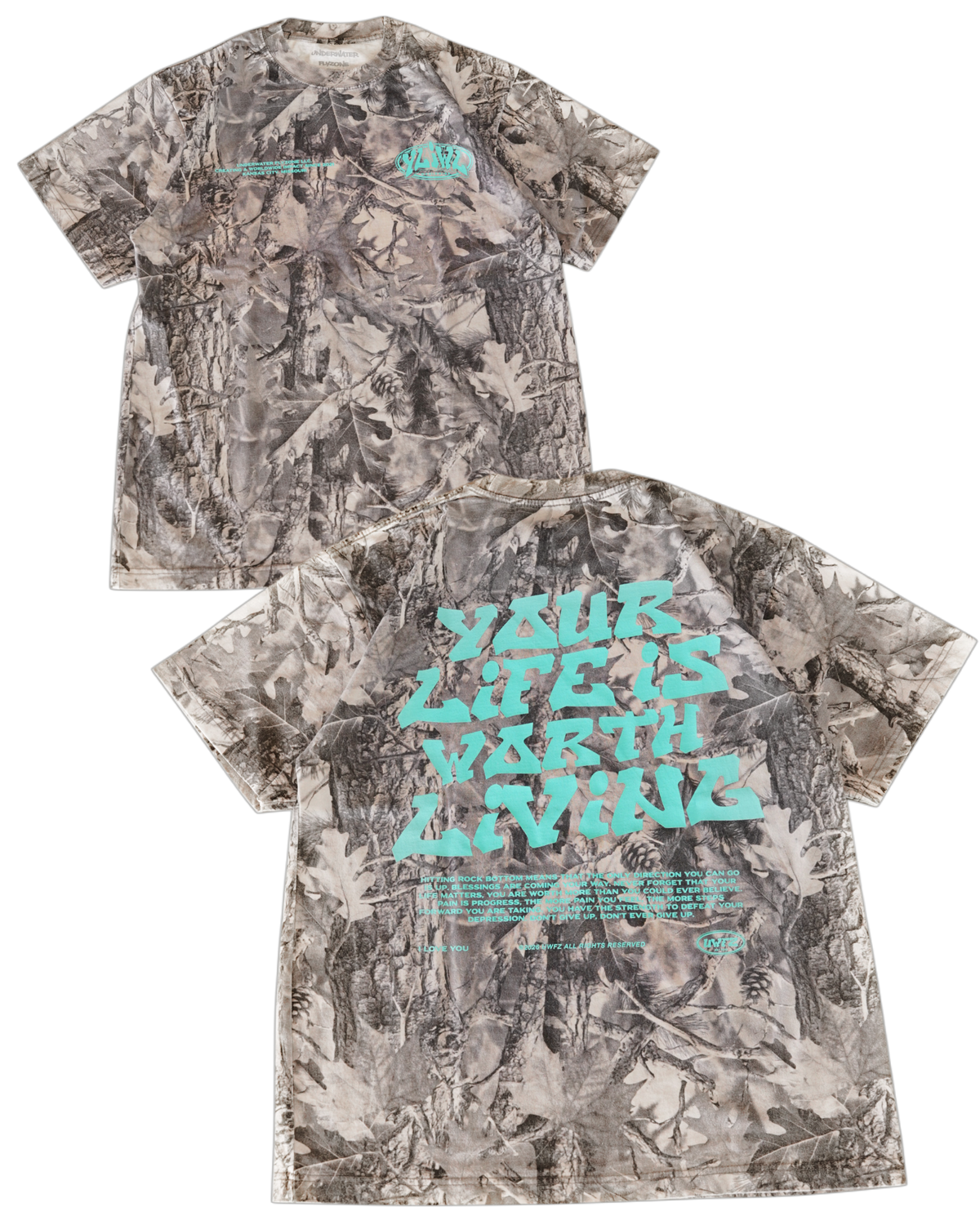 B&W Camo + Teal "Your Life is Worth Living" T-Shirt