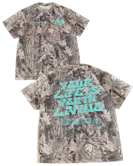 B&W Camo + Teal "Your Life is Worth Living" T-Shirt