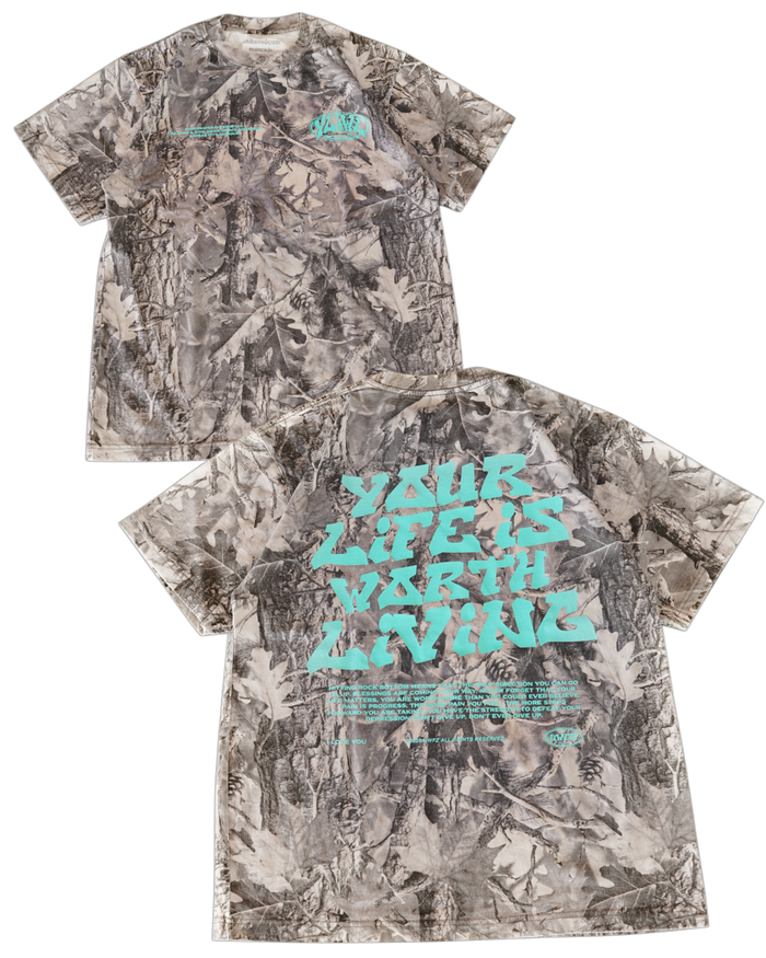 B&W Camo + Teal "Your Life is Worth Living" T-Shirt