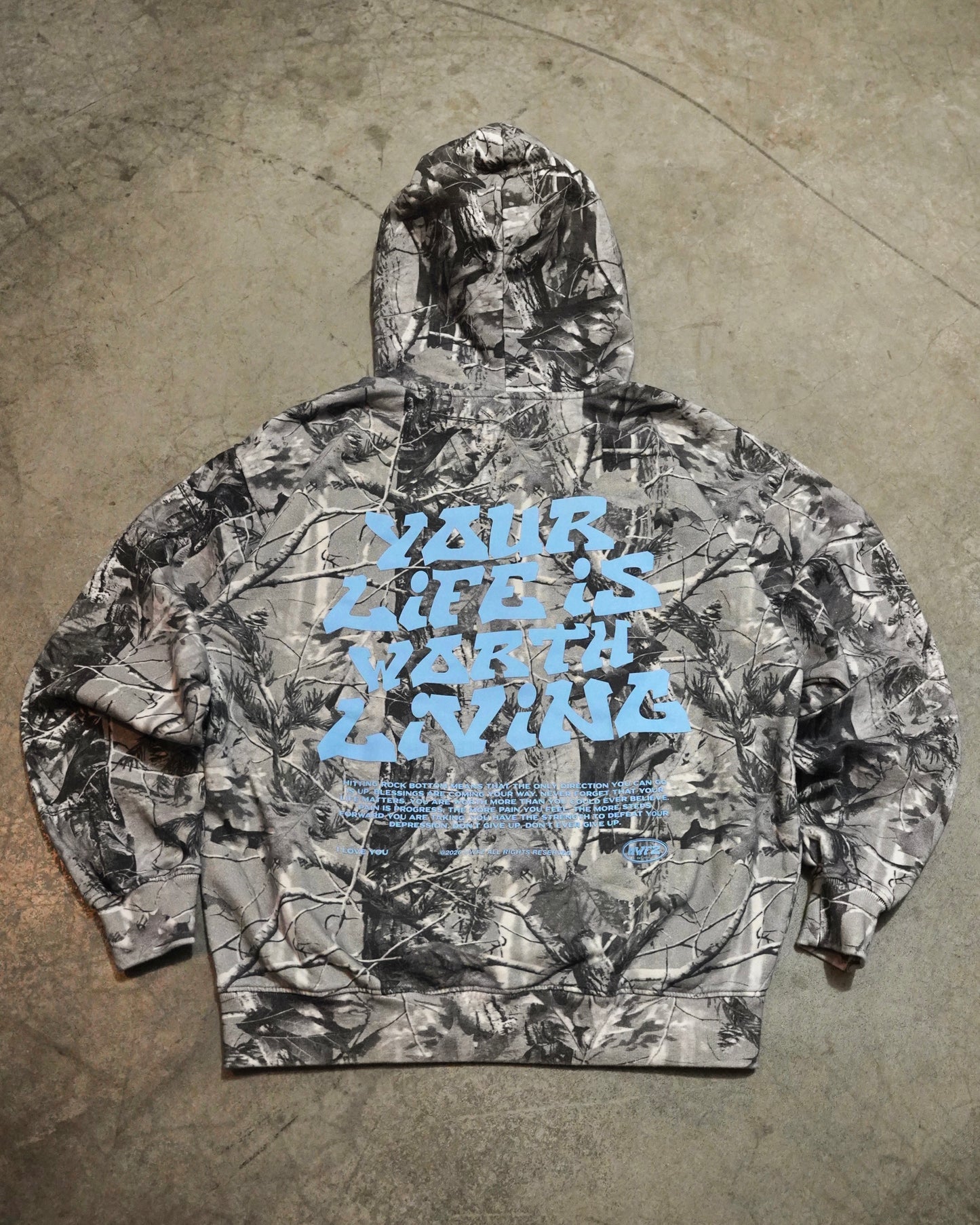 Camo + Powder Blue "YOUR LIFE IS WORTH LIVING" Hoodie (100% Cotton)