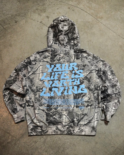 Camo + Powder Blue "YOUR LIFE IS WORTH LIVING" Hoodie (100% Cotton)