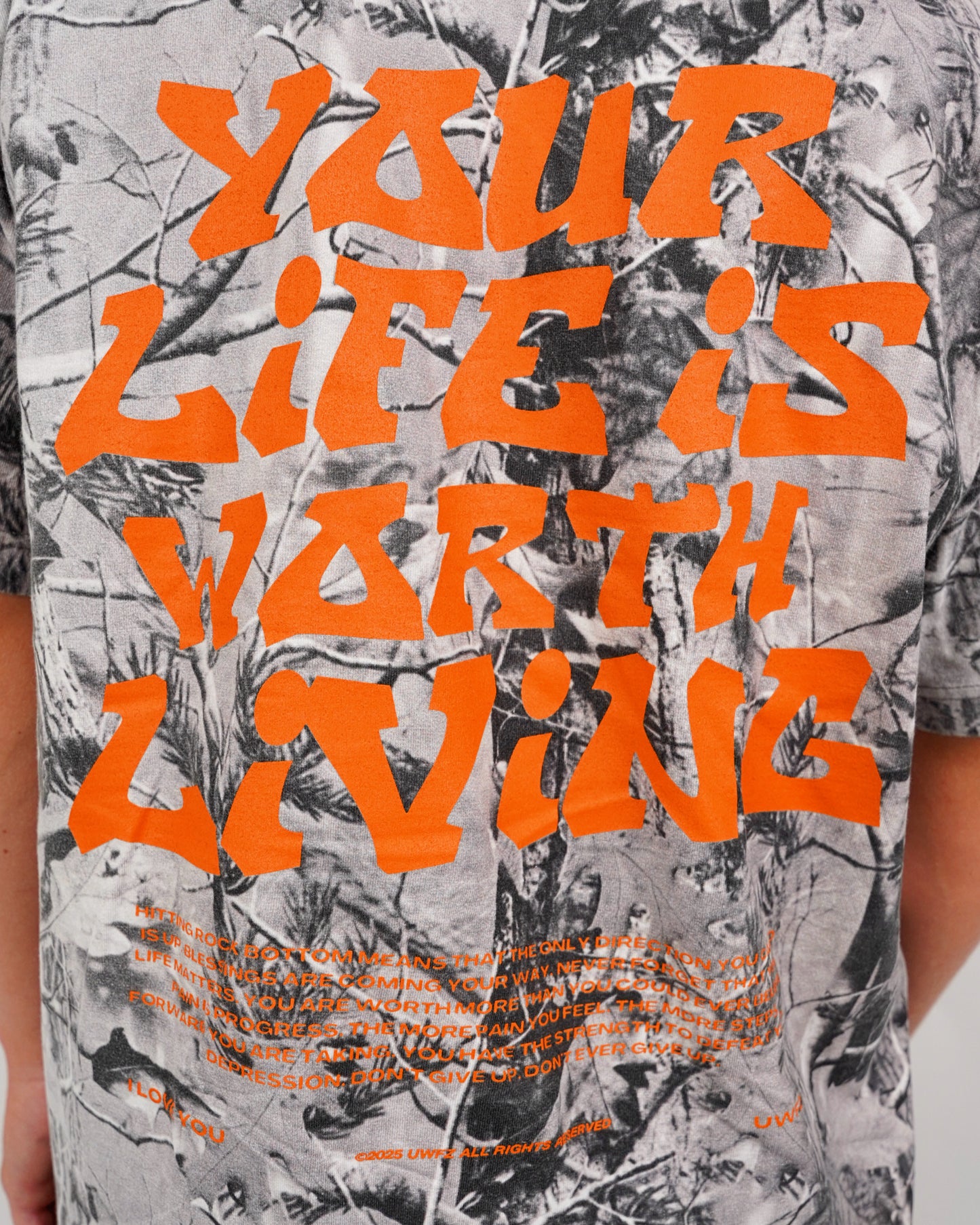 Orange + B&W Camo "Your Life is Worth Living" Heavy Weight T-Shirt