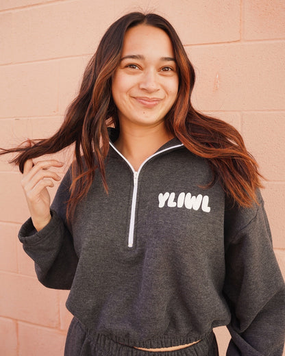 Dark Heather Grey + White PUFF PRINT "YLIWL" Half Zip Cropped Pullover