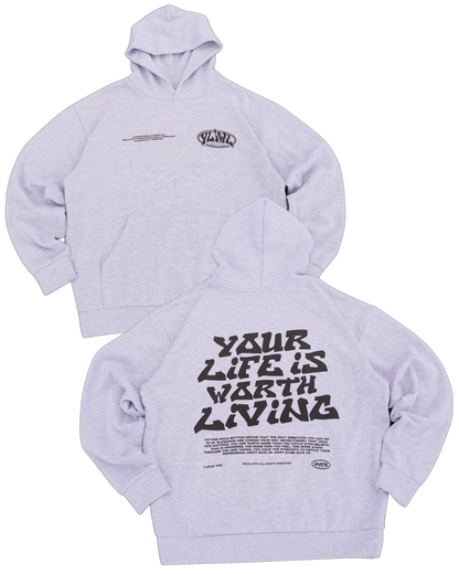 Grey + Black "YOUR LIFE IS WORTH LIVING" Hoodie (Mid-Light Weight Hoodie)