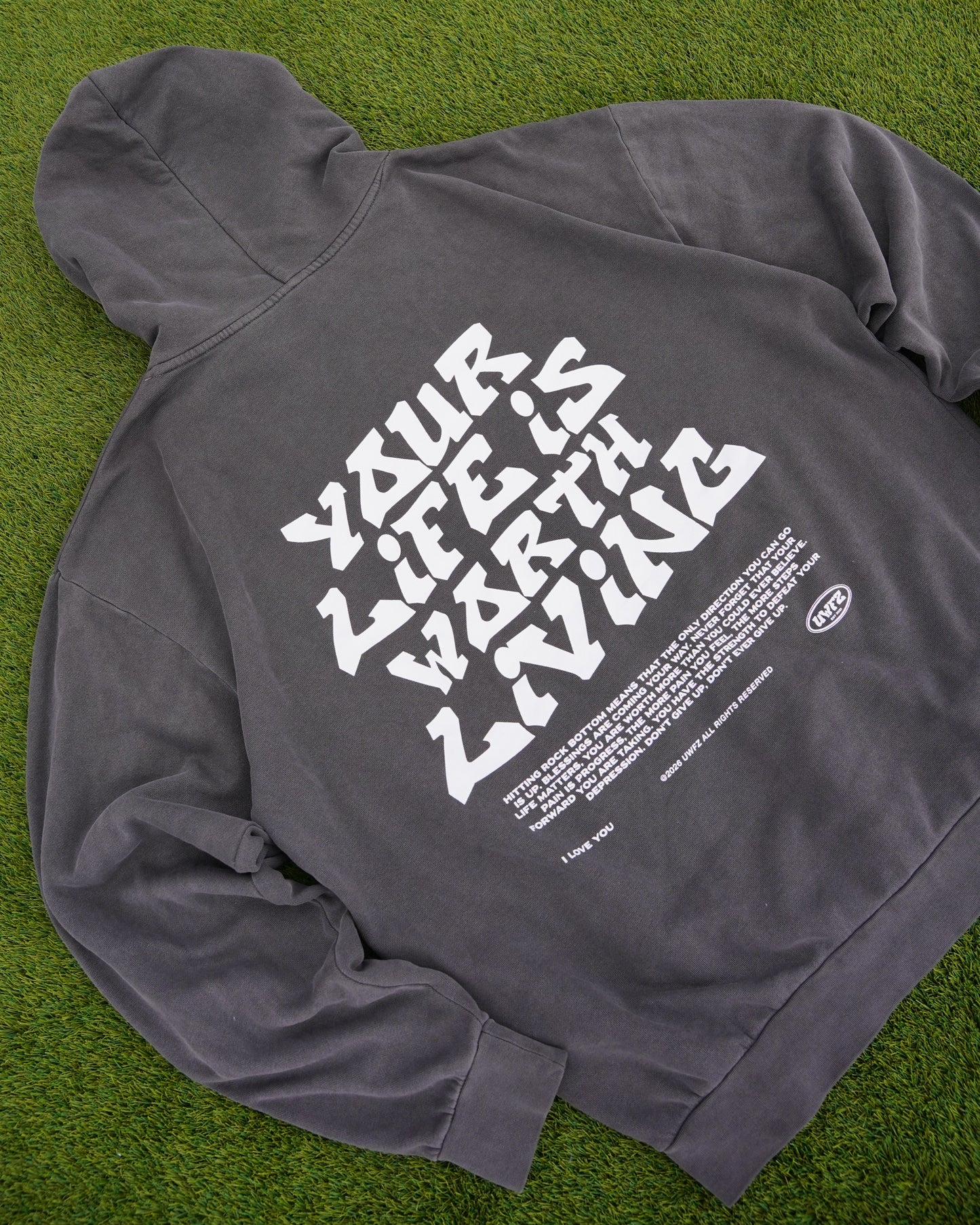Vintage Black "YOUR LIFE IS WORTH LIVING" Hoodie (Mid-Light Weight Hoodie)